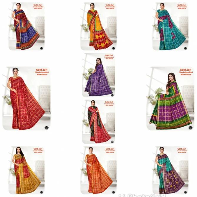 Gold Zari Checks Bandhani Casual Wear Cotton Printed Designer Saree Collection